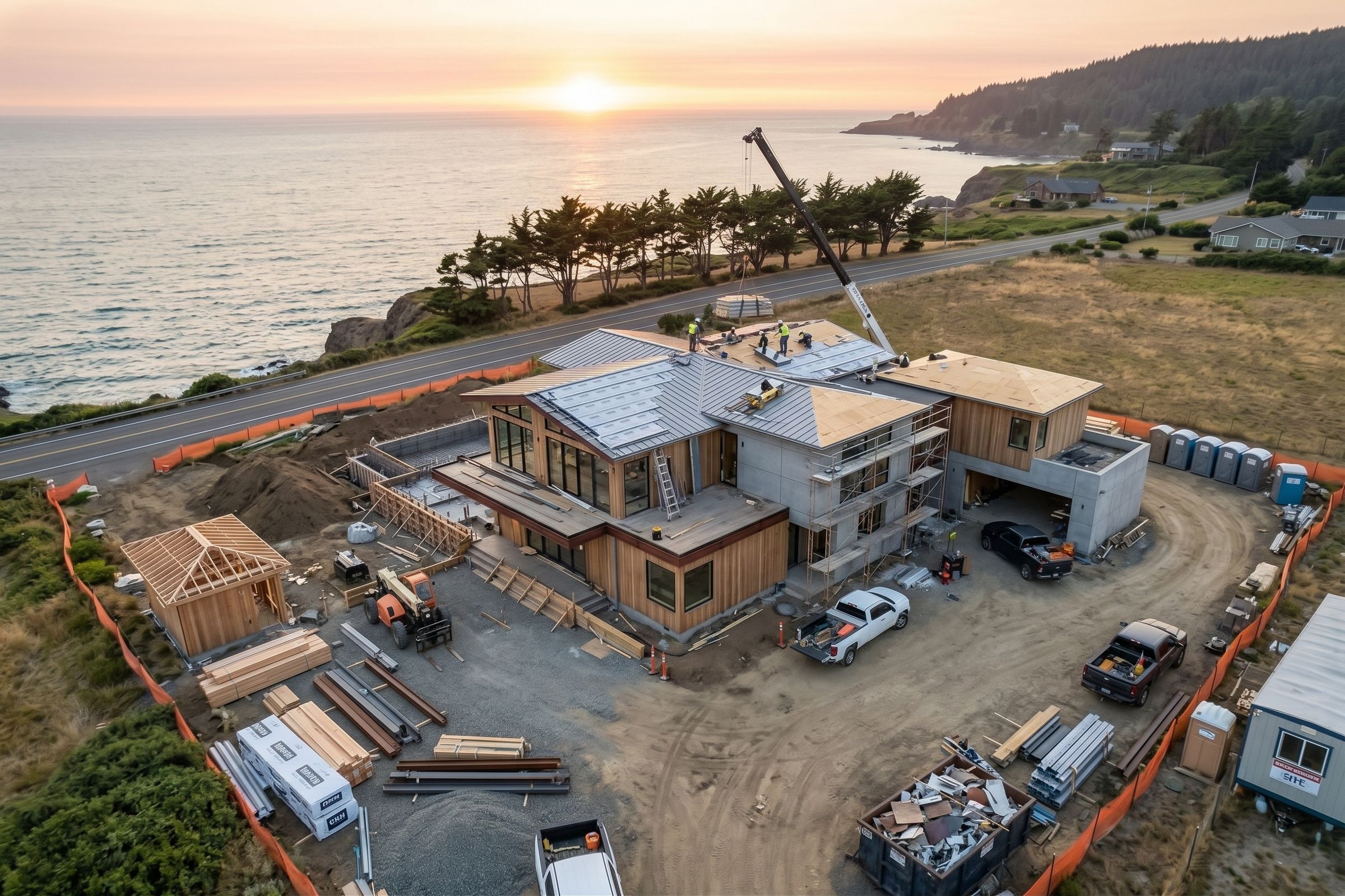 Aerial view of the same lot with the roof and siding going on