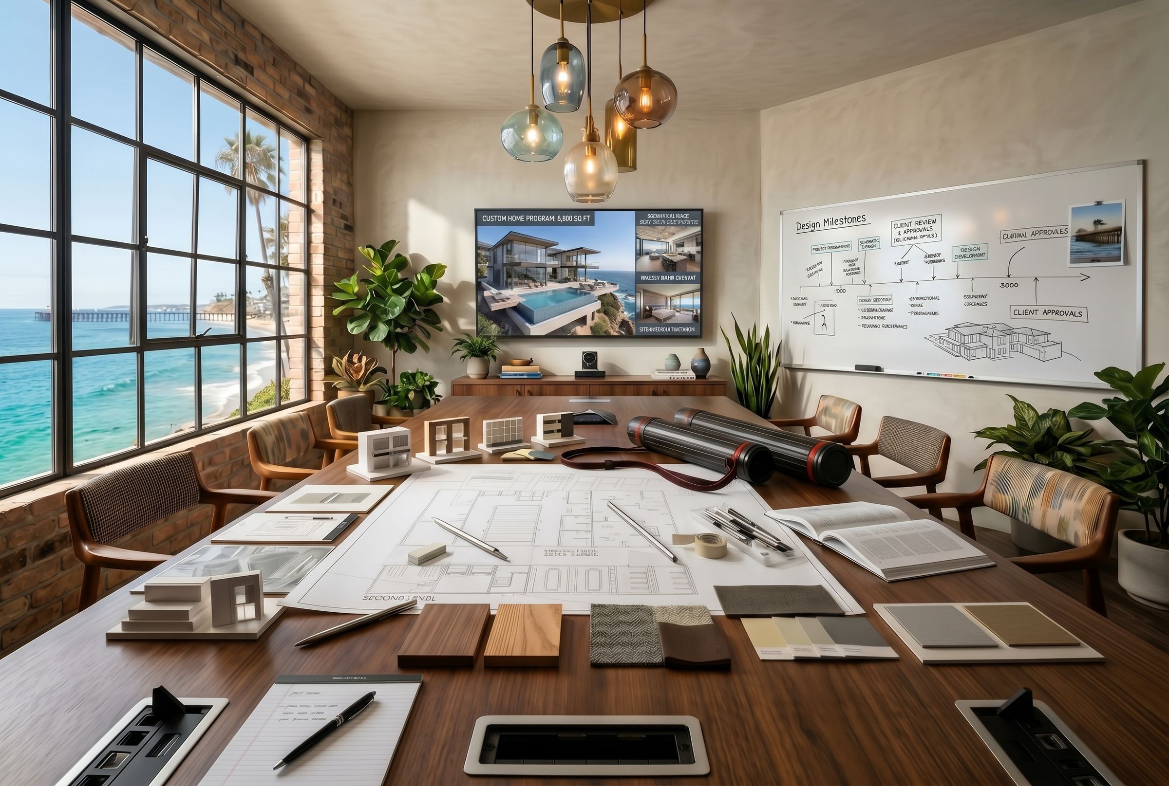 Design table with drawings, study models, and material samples