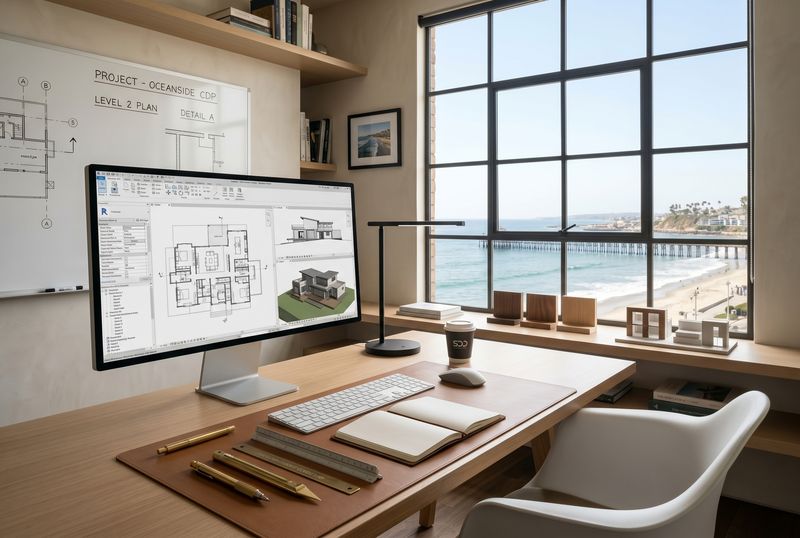 Architect workstation with plans on screen and study models by a window over the beach