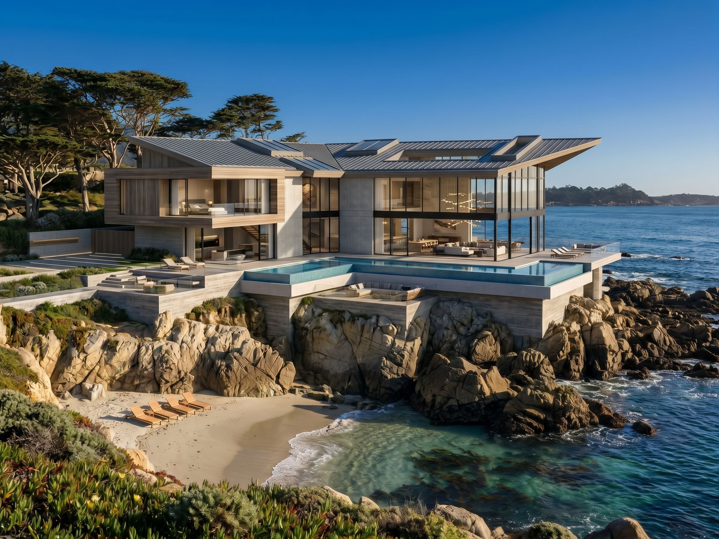 Modern home with an infinity pool above a rocky California cove
