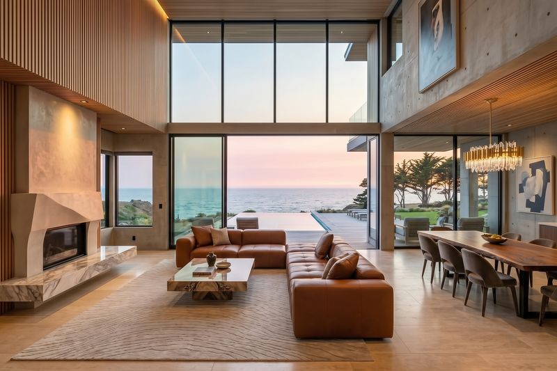 Double-height living room with a fireplace and an ocean view at dusk