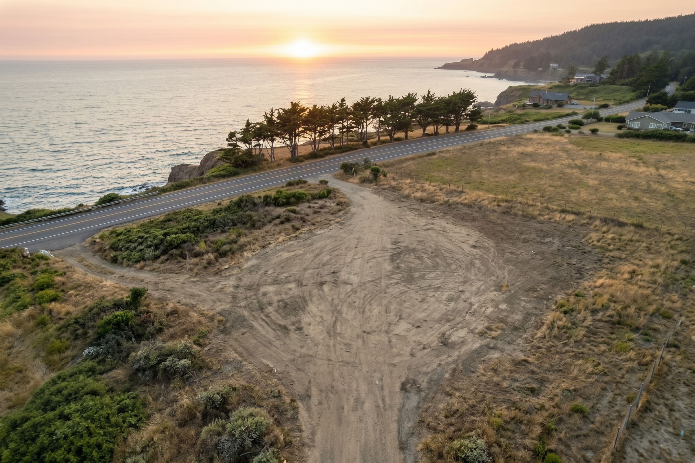 Aerial view of an empty coastal lot beside the highway at sunset