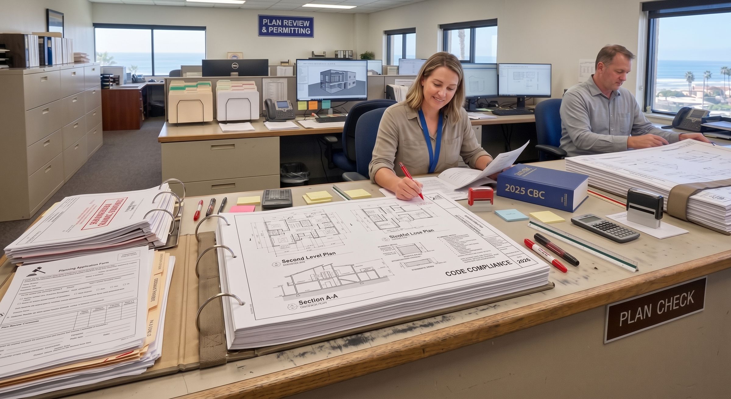 Plan check counter with a drawing set under review
