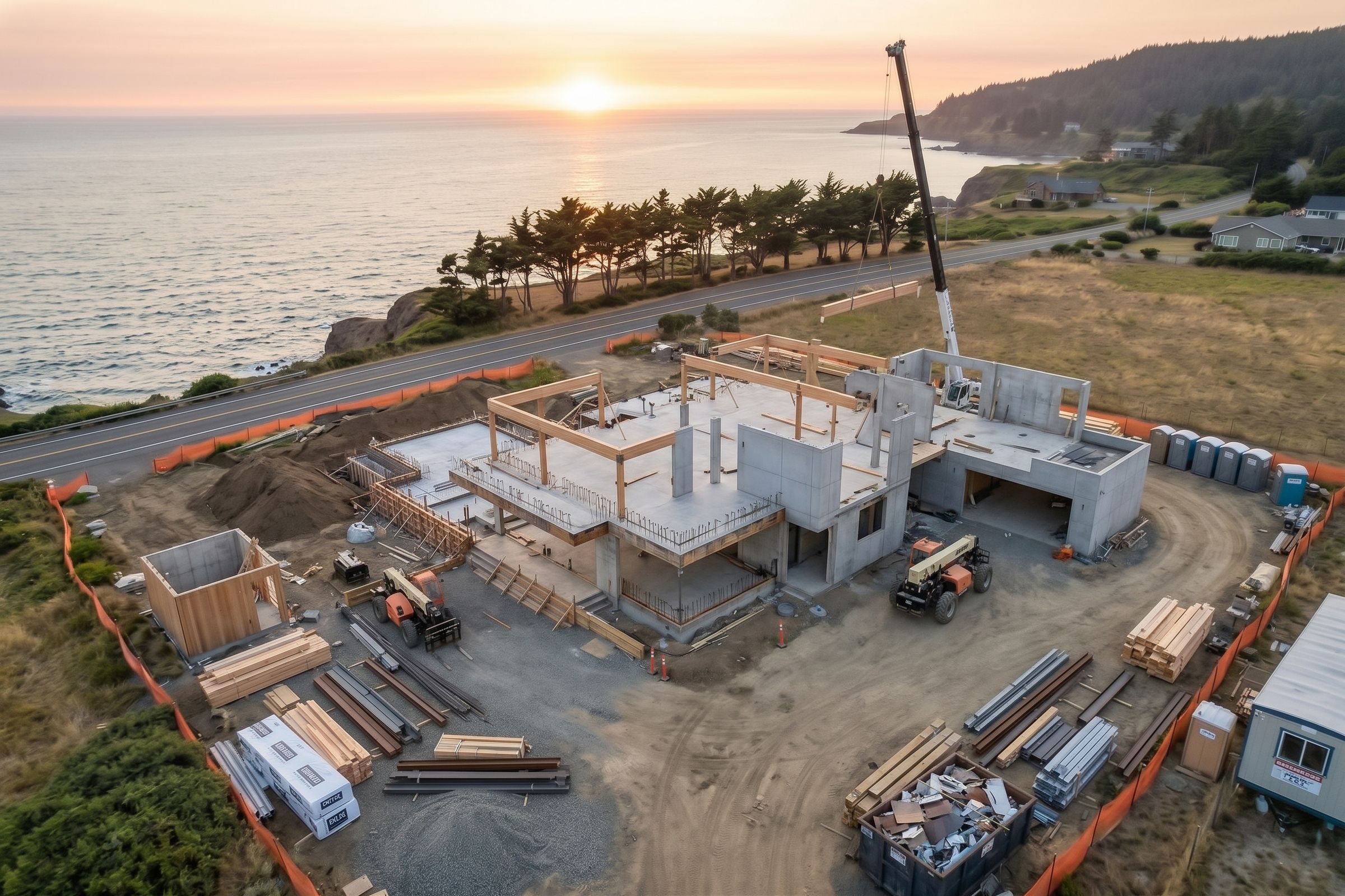 Aerial view of the same lot with the concrete structure and first beams in place